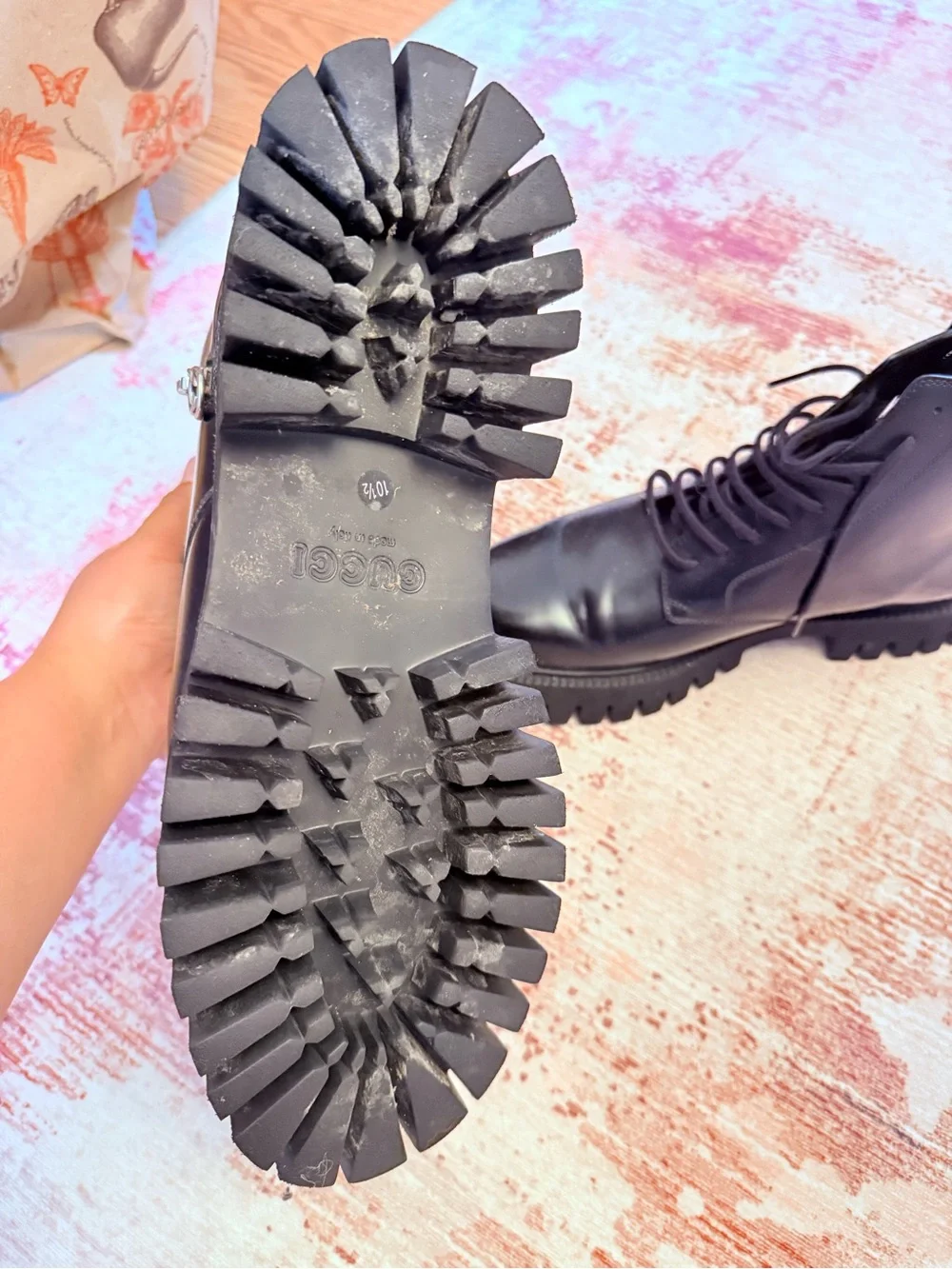 Gucci Men's Black Lace-Up Lug Sole Boots
